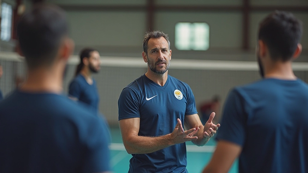 مدرب كرة طائرة يوجه فريقه خلال جلسة تدريبية تكتيكية
