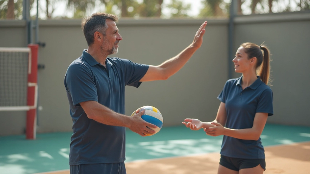 مدرب كرة طائرة محترف يعلم فريقاً تقنيات التمرير الأساسية