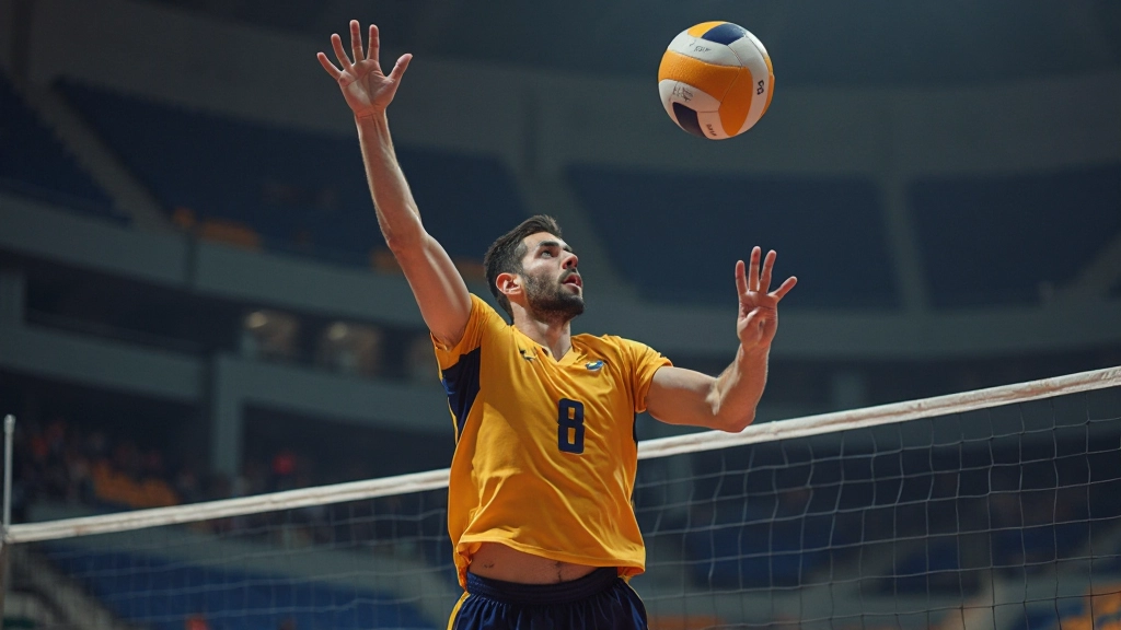 لاعب كرة طائرة يقوم بضربة هجومية قوية في الملعب الرسمي