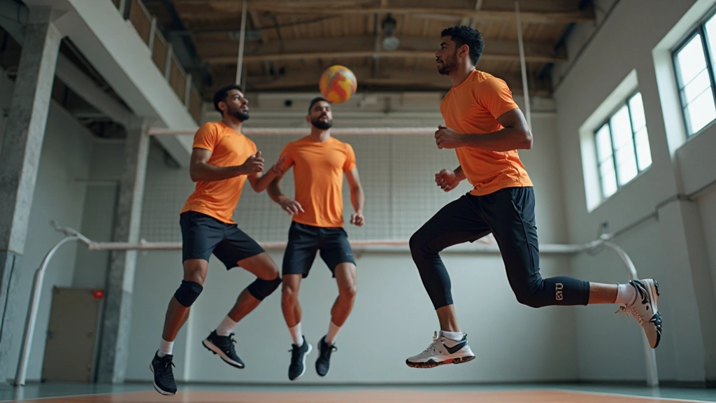 لاعبو كرة طائرة يقومون بتمرينات لياقة بدنية متقدمة في صالة رياضية