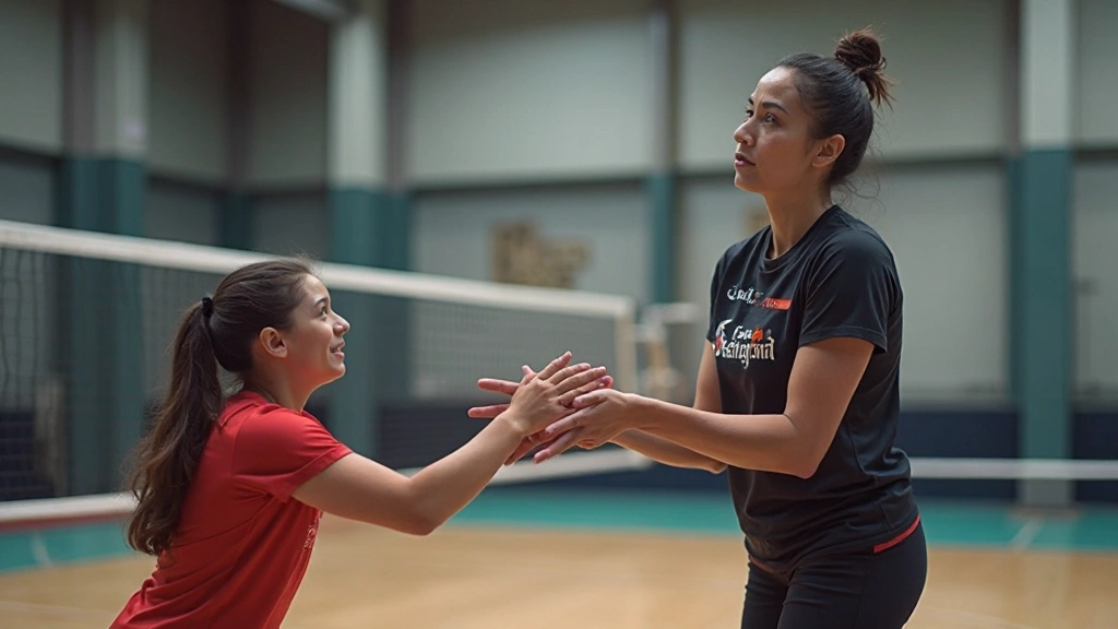 مدرب كرة طائرة يعلم لاعباً تقنيات الإرسال القوي والدقيق