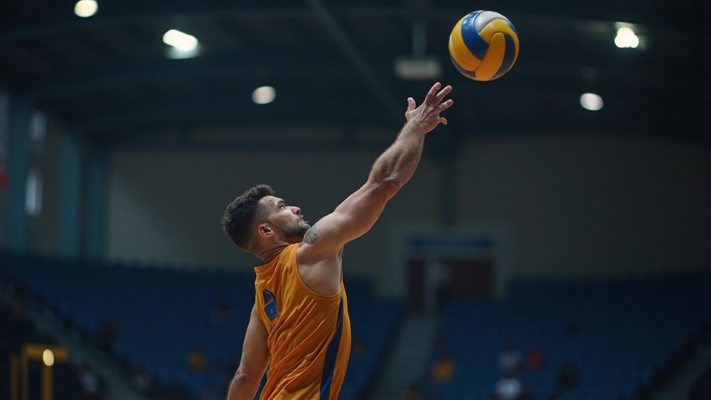لاعب كرة طائرة يقوم بحركة الإرسال القوية في ملعب رسمي